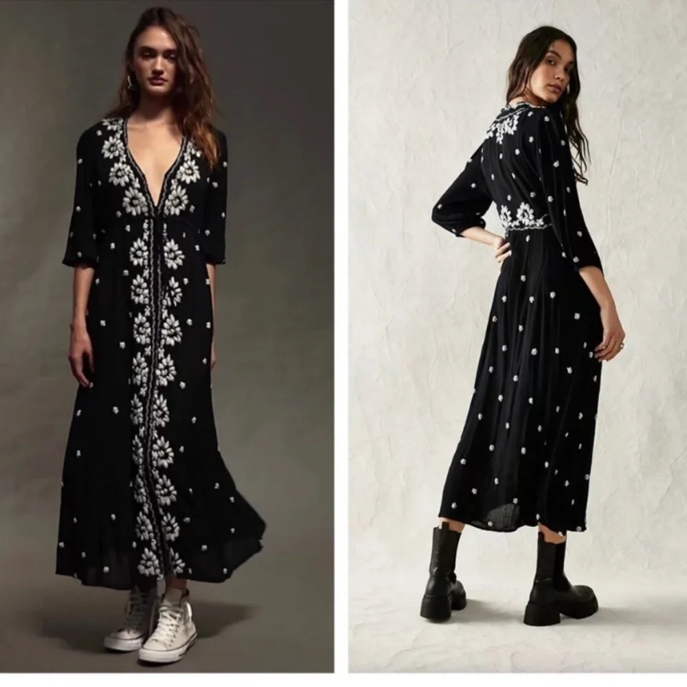 Free People Dress Fable Embroidered Maxi in Black